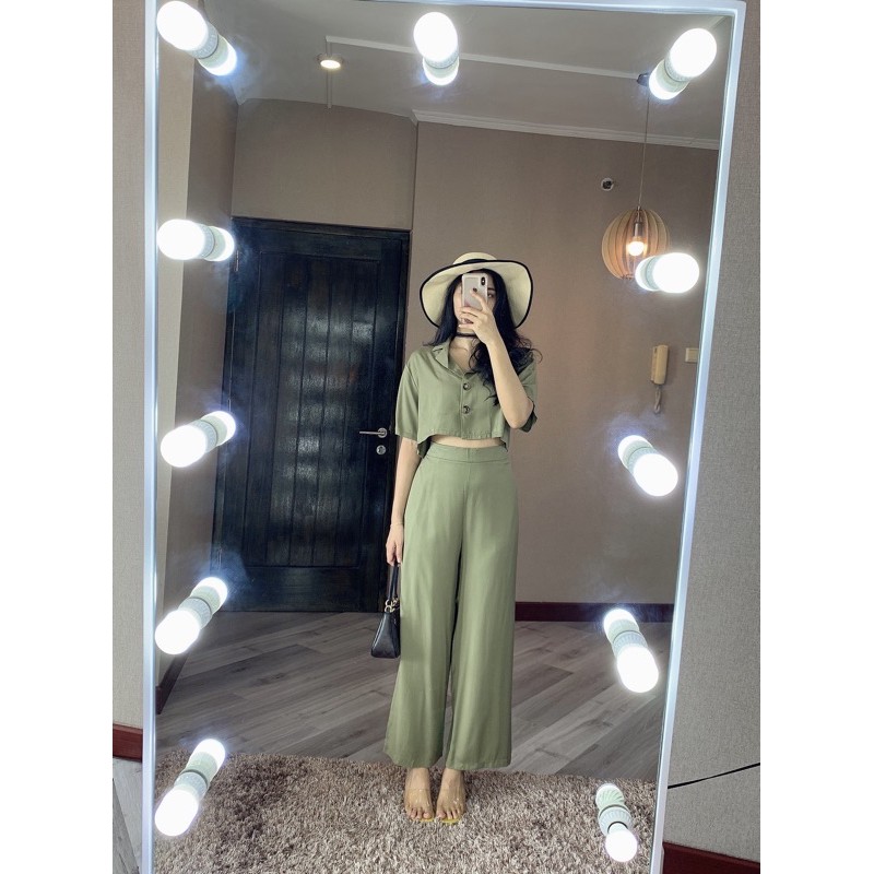 ZENAYA SET SETEL281 SETELAN BAJU CROP DAN CELANA PANJANG KULOT BUSUI SETEL281-Soft Army