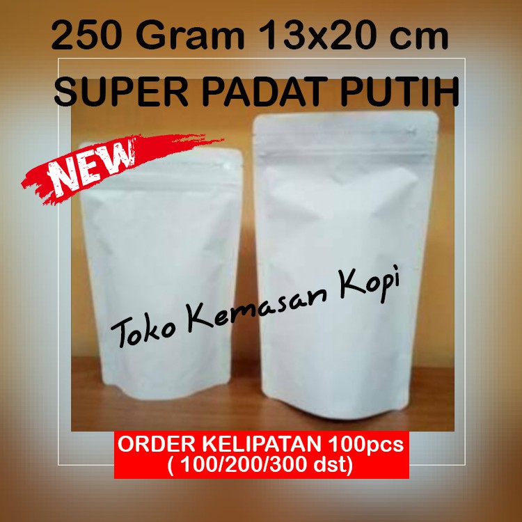 

KEMASAN KOPI 100GR STANDING POUCH PADAT SUPER PUTIH 250 + ZIPPER (13x20cm)