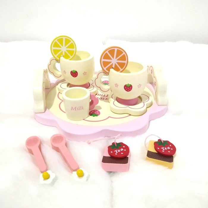 Tea set mainan Kayu Wooden Toys Pretend  PInk Colour