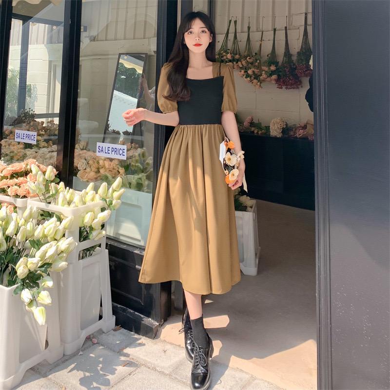 [littlecrab] Dress Wanita Panjang Kasual Hitam Moka Cream Dress With Outer Tank Top Simple Elegan Berkualitas Casual High Quality Simply Dress For Working Dress Polos Dress Jalan Dress Kerja Soft Color Korean Style