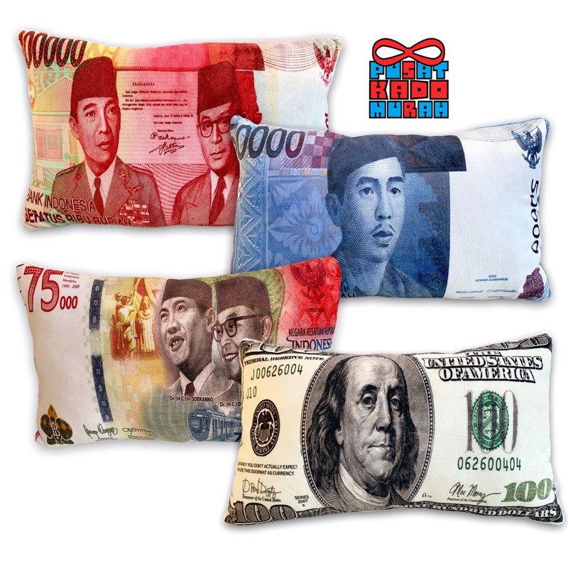 Bantal Motif Uang / Money Dollar dan Rupiah 58x36 cm - Pusat Kado Murah