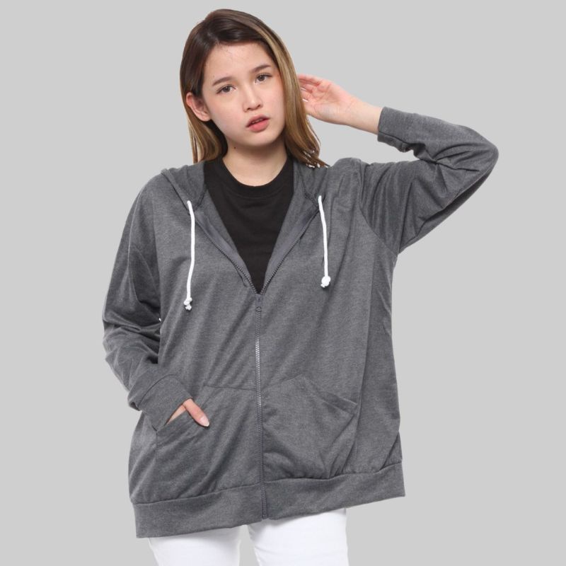 Oversize Hoodie polos Zipper L,XL,XXL jaket Switer Wanita Korea dupe carla by libra-Abu tua