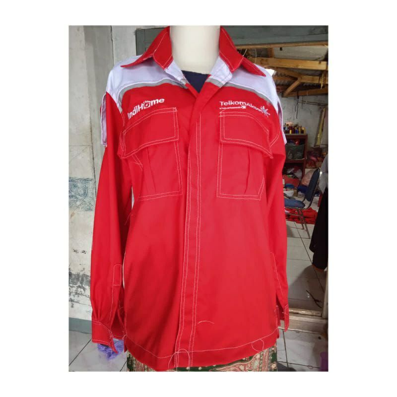 BAJU SERAGAM INDIHOME SERAGAM TELKOM LENGAN PANJANG KERAH MERAH PUTIH LOGO BORDIR