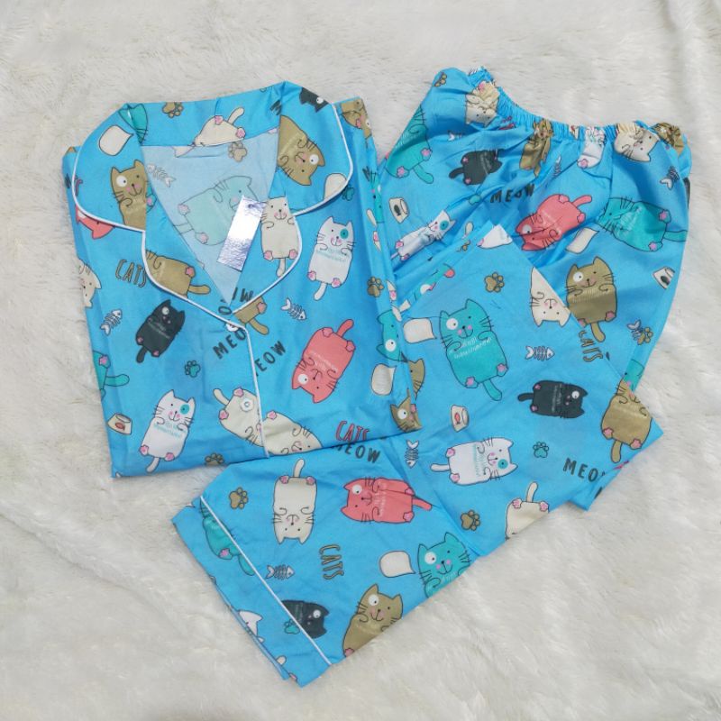 VeriFel Piyama Dewasa - JUMBO Promo Murah Setelan CP Fit 75-85kg / 3L-CP Kucing Biru