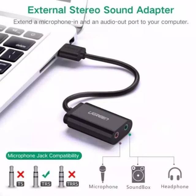 Ugreen Soundcard Eksternal Usb 2.0 Audio Sound card External For Earphone Mic Aux 3.5 mm