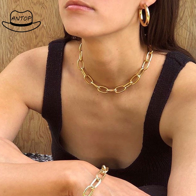 Kalung Rantai Tebal Besar Bahan Aluminum Warna Emas Gaya Punk Hip Hop Untuk Wanita ANTOP