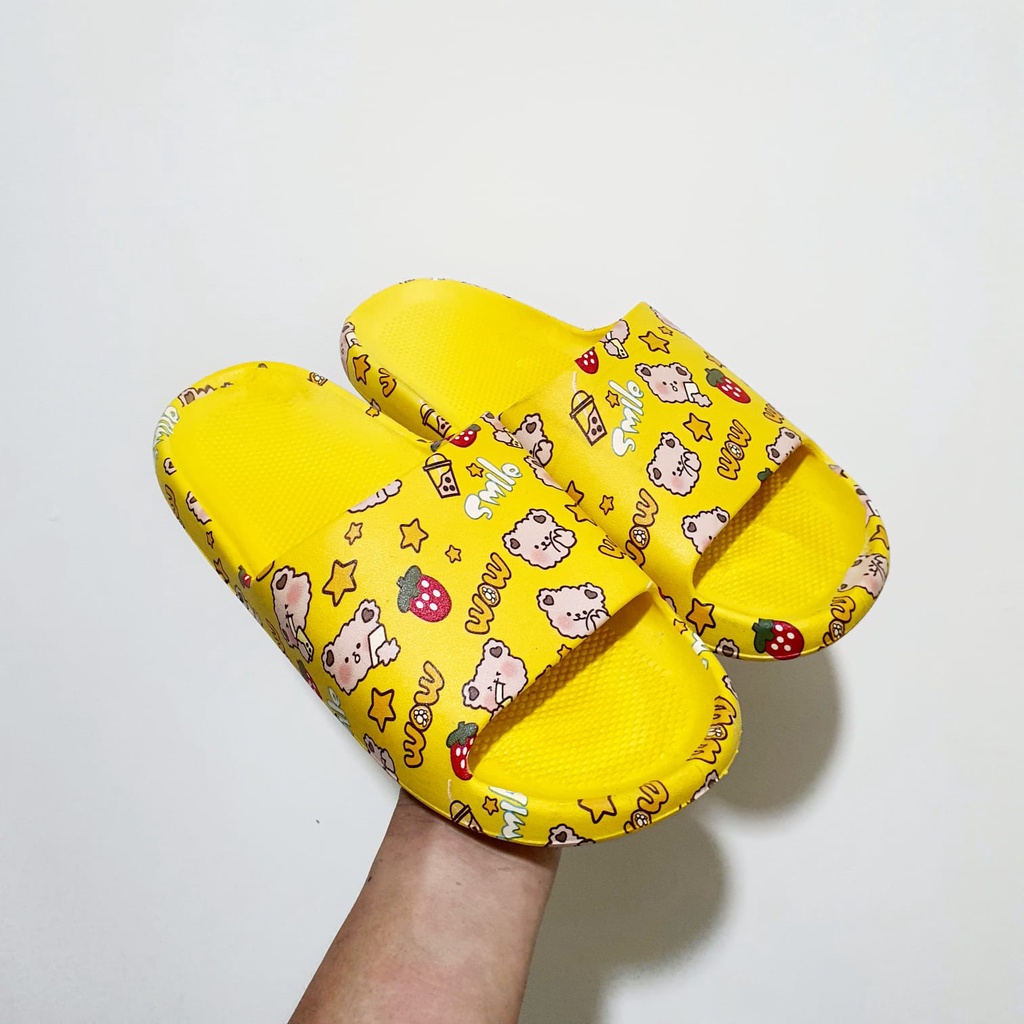 ☀ACCBAYI☀ SF02 Sandal Slop Motif Panda / Sandal Slop Motif lOVE /  Sandal Fashion Wanita / Sandal Lucu & Imut / Slip Sandal Cewek Sandal Import-PINK KUNING