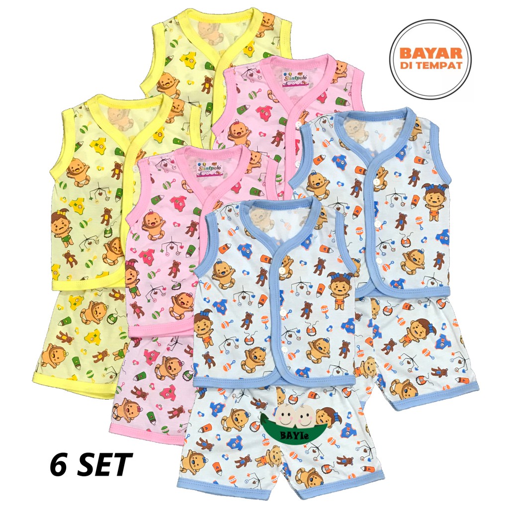 BAYIe - 6 SET Setelan Baju Bayi Buntung + Celana Pendek New Born SANTPOLO umur 0-3 bulan