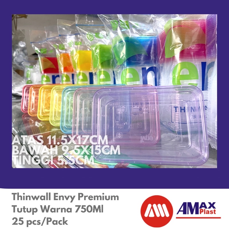 Thinwall 750ml Kotak Makan Nasi Sayur Buah Plastik Bening Tutup Warna Merk Envi isi 25 pcs / pack