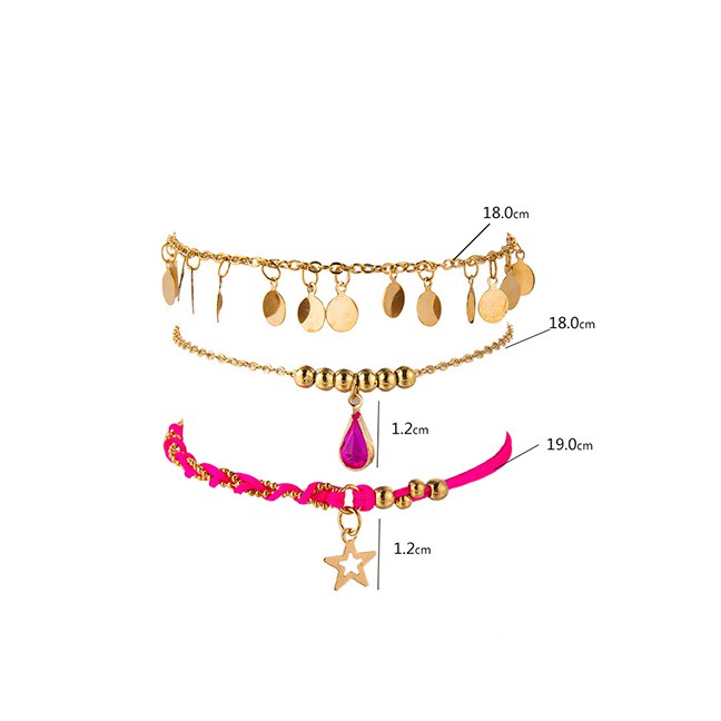 LRC Gelang Kaki Fashion Gold Alloy Disc Diamond Diamonding Hollow Line Rope Star Multilayer Anklet