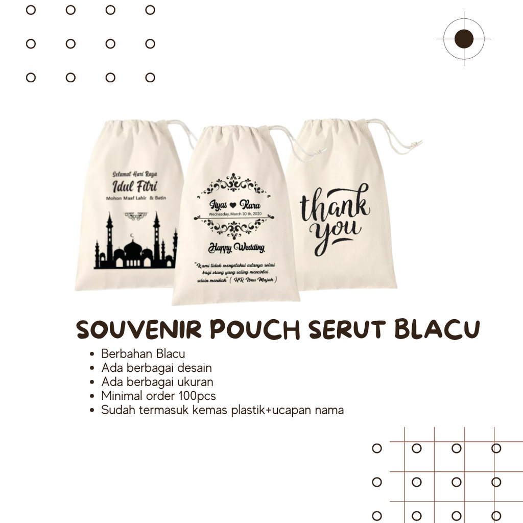 Souvenir Tas Pouch Serut Blacu Tebal Premium Sablon dan Custom Ukuran