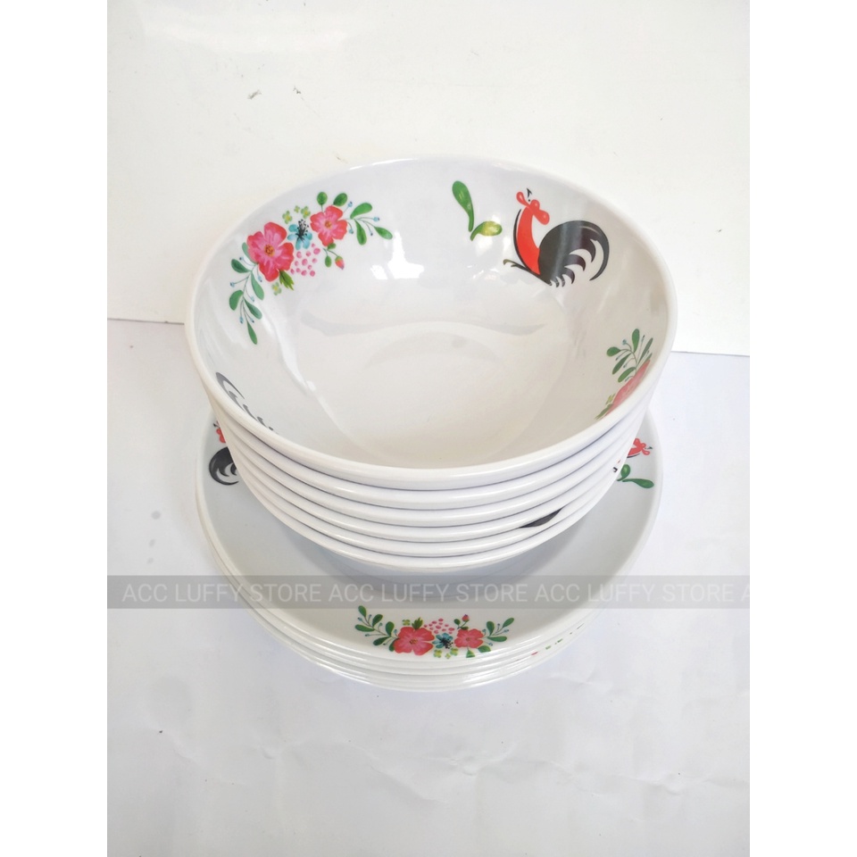 PAKET ISI 6 PCS SETELAN- SET 3 PIRING 9INC DAN 3 MANGKUK 7INC CAP AYAM JAGO MELAMIN WARE BERKUALITAS