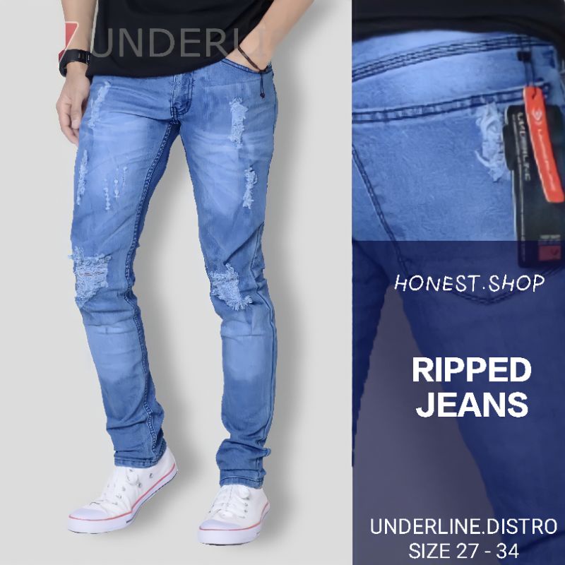 Honest Pants - Celana Jins Pria Sobek - Cakar Ripped Riped Lutut Jin Denim Panjang Jens Jeans Brande