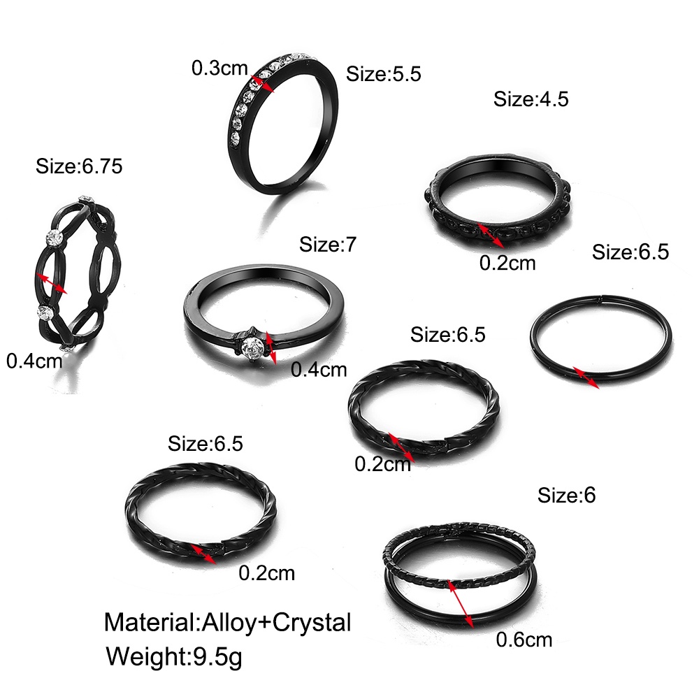 IFYOU 8pcs / set Cincin Geometris Warna Hitam Gaya Vintage Untuk Wanita
