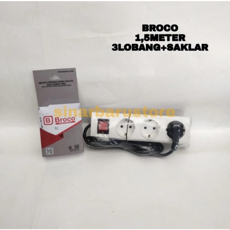 Stop Kontak Arde Broco + Saklar + 3 Lubang + Kabel 1,5 Meter