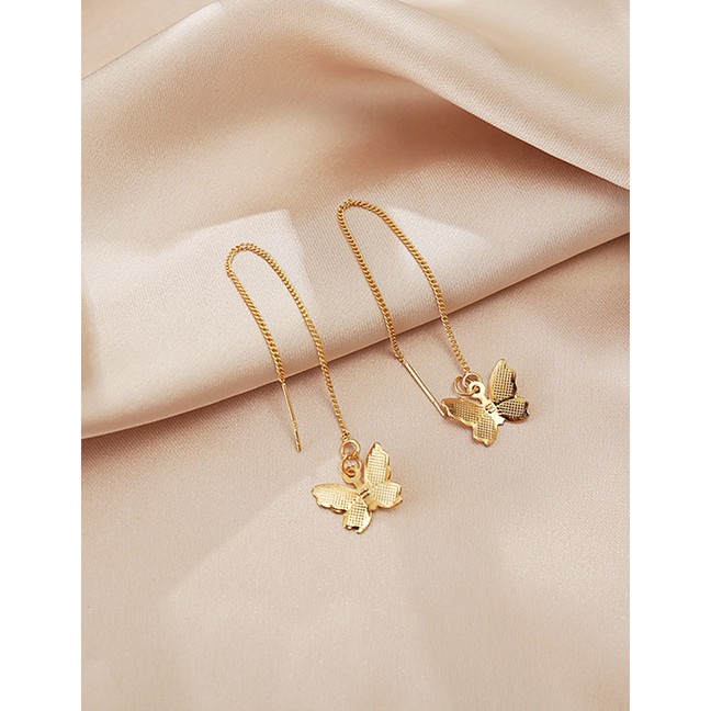 LRC Anting Tusuk Fashion Gold Color Butterfly Chain Alloy Earrings P09432