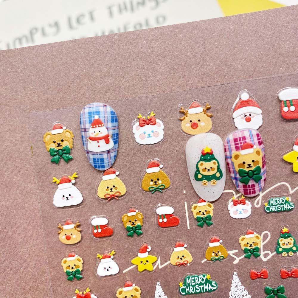 AUGUSTINA Agustina Stiker Kuku Natal Beruang Perekat Diri Elk Santa Claus Gingerbread Cookies Nail Art Dekorasi