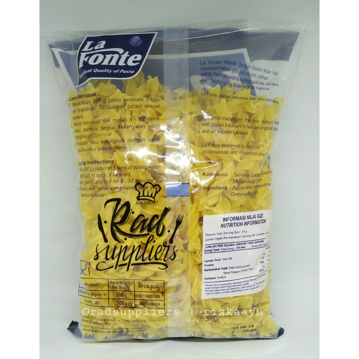 

PASTA-ANEKA- LA FONTE FUSILLI 500GRAM, KEMASAN EKONOMIS, HARGA TERBAIK..! -ANEKA-PASTA.