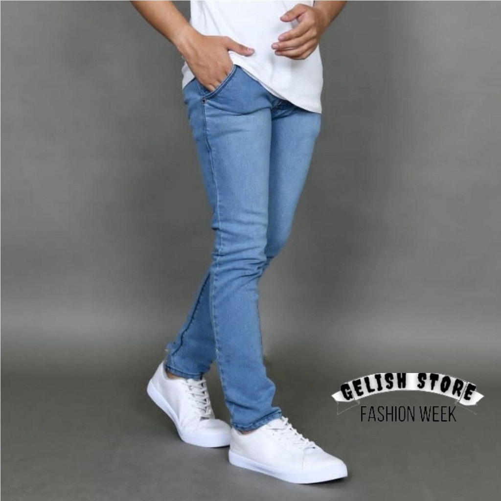 Celana jeans pria panjang slimfit skinny denim pensil jins slim fit jeans bahan bagus Nyaman ufc lari Mma fitnes gym joging botol reguler santai kerja kantor proyek spv leader karyawan staff ori ganteng Promo awal tahun ramadhan sale lebaran idul fitri