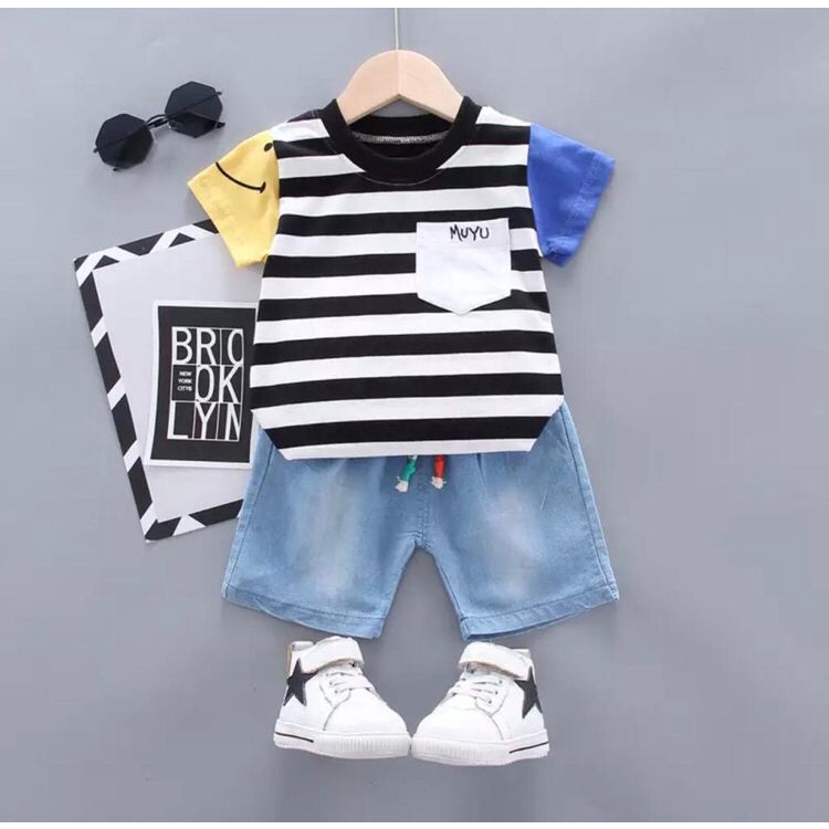 SETELAN KAOS SALUR MUYU ANAK 1-5 TAHUN / SETELAN KAOS GARIS GARIS ANAK LAKI LAKI TERBARU / BAJU ANAK LAKI LAKI /SETELAN KAOS SALUR ANAK LAKI LAKI / BAJU HARIAN ANAK TERLARIS