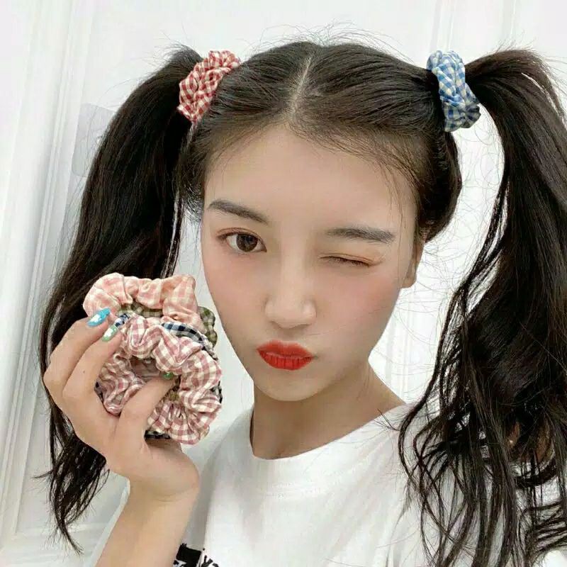 JB044 Scrunchie Hijab Satin Gelang Hairband Ikat Rambut Korea Kuncir Motif Kotak