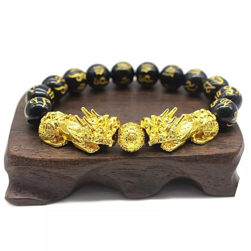 Gelang 2 Pixiu Mantra Budha Jumbo Naga Emas Batu Obsidian