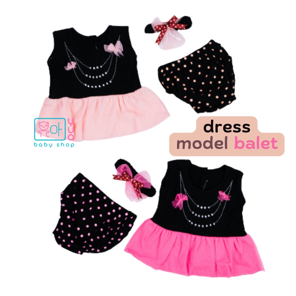 Baju Setelan Rok Terusan Dress + Bando Gaun + Celana Dalam Anak Bayi 3-6 Bulan Pesta Perempuan Model
