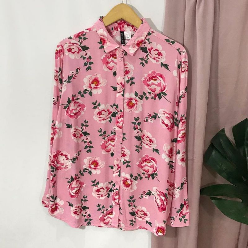 H&M Pink Floral Flower Pattern Shirt Kemeja H&M Divided Merah Muda Motif Bunga