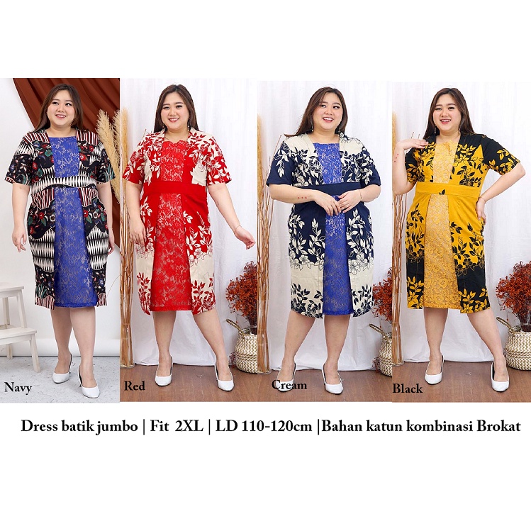 Terlaris 041 Dress batik jumbo bahan katun kombi brokat fit XXL lengan pendek baju batik wanita big 