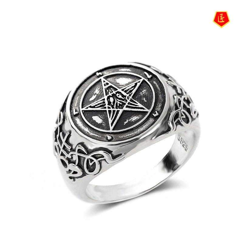 [Ready Stock]Retro Personality Silver Pentagram Band Badge Ring