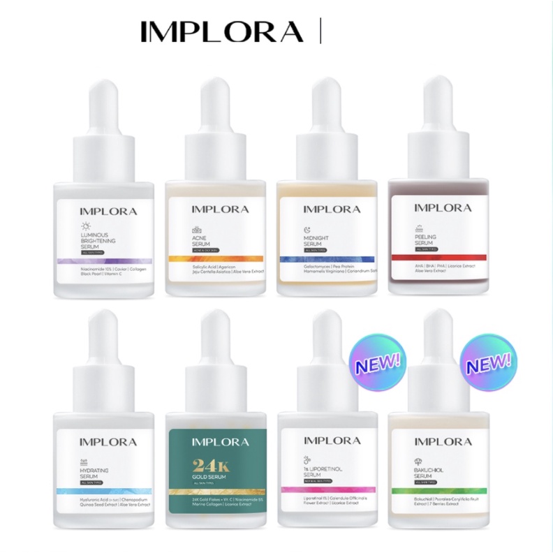 NEW IMPLORA SERUM WAJAH ALL VARIANT ACNE AHA BHA PEELING MIDNIGHT LUMINOUS BRIGHTENING SERUM 20gr