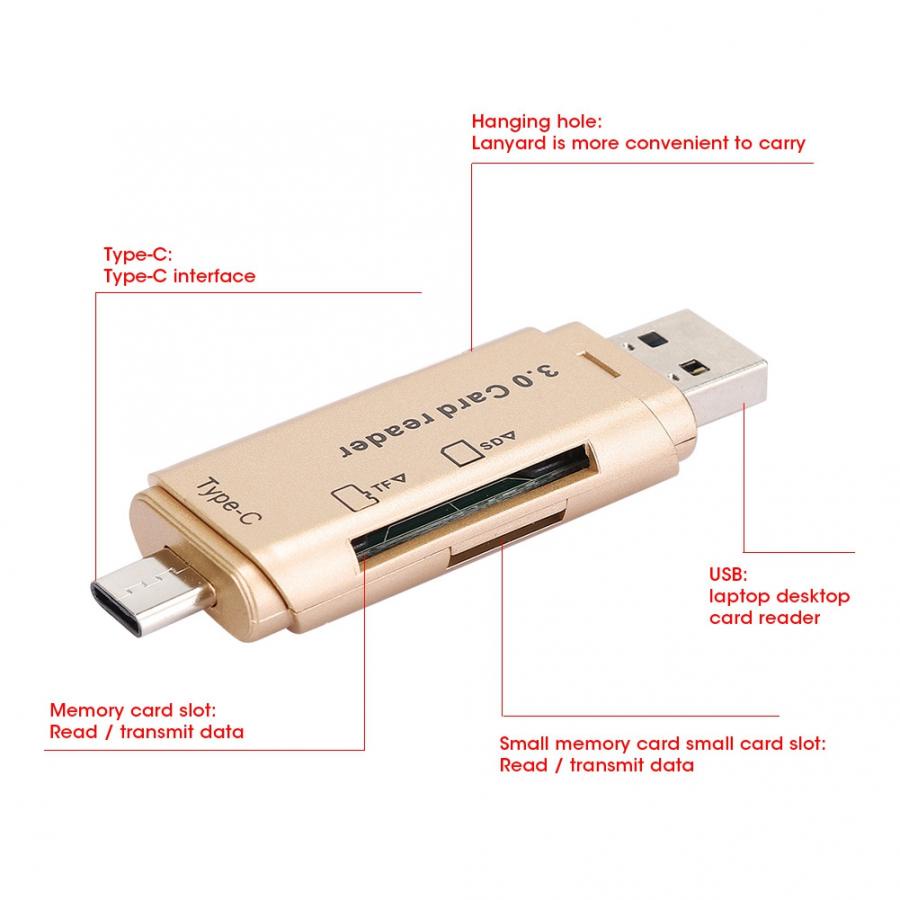 Actual 4 in 1 Card Reader High-Speed Smart 3.0 Metal Type C / Micro USB / SD Card / TF Memory Card Read OTG Adapter Image 5
