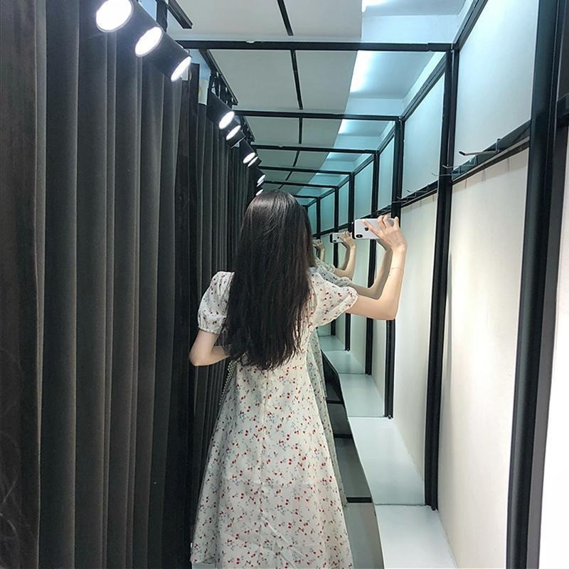 #Sisjuly# Wanita Baru Floral Temperamen French Dress Retro Peri Rok Square Neck Tipis Mid-Length Dre