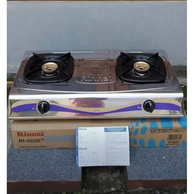 kompor gas 2 tungku rinnai stainless RI 522 E / Paket kompor gas rinnai 2 tungku RI 522E + Selang re