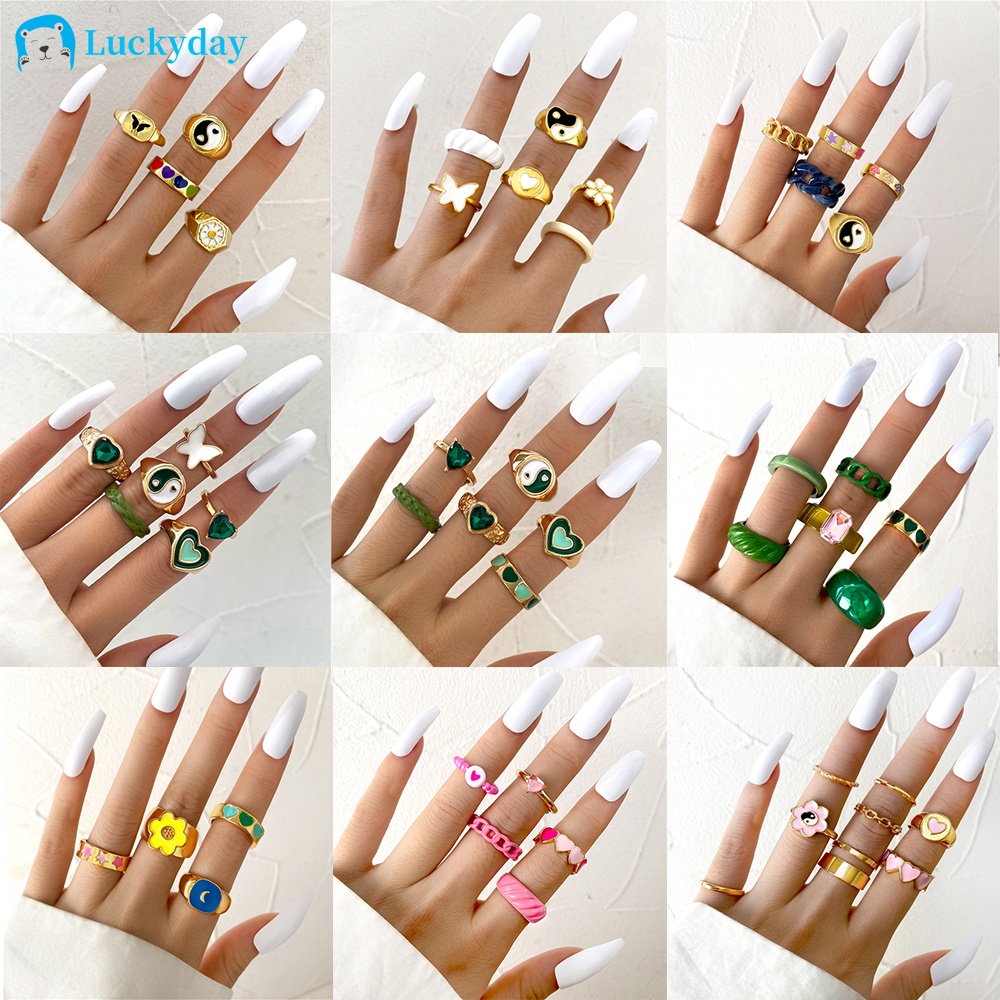 YEEZII 6pcs / Set Cincin Desain Butterfly Hati Warna-Warni Gaya Retro Untuk Wanita