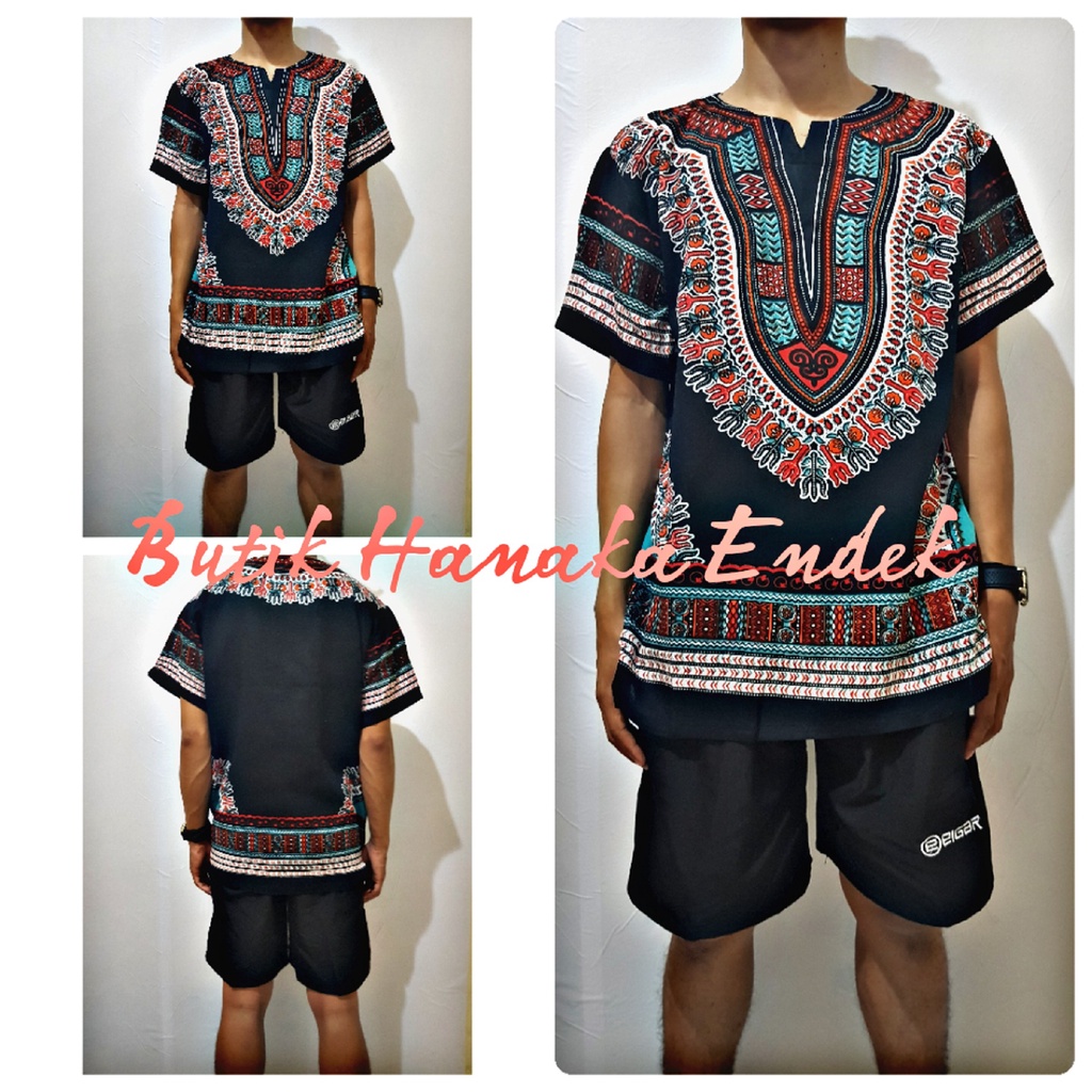 Baju dan Celana Pendek Setelan  Etnik Dashiki Hitam Pria/Wanita (Unisex)
