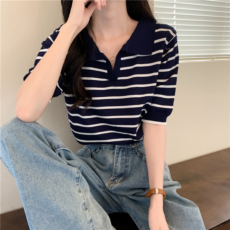 Atasan Rajut Wanita Lengan Pendek Stripe Shirt