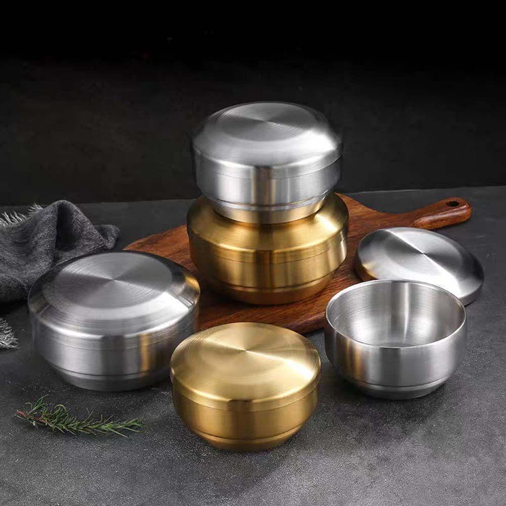 Rebuy Double Rice Bowl Silver Peralatan Makan Korea Dengan Tutup304Stainless Steel Kukus Masakan Korea Mixing Bowls