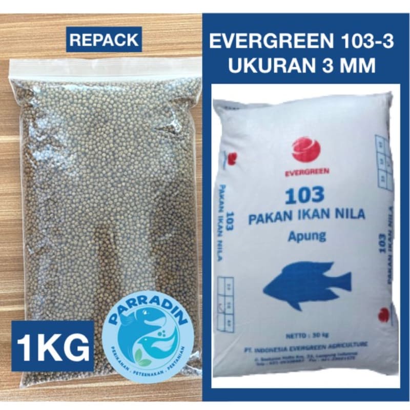 PAKAN IKAN NILA APUNG EVERGREEN 103 Repack 1KG Ukuran 3MM