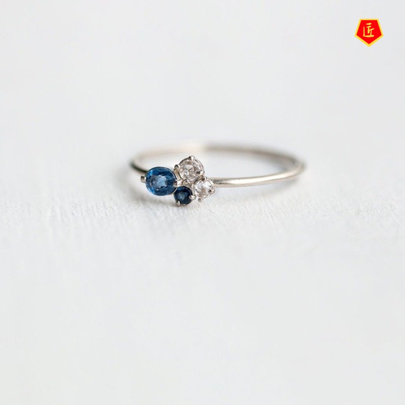 [Ready Stock]18K Gold Three Ring Set Inlaid Topaz Sea Blue Gem Simple and Elegant