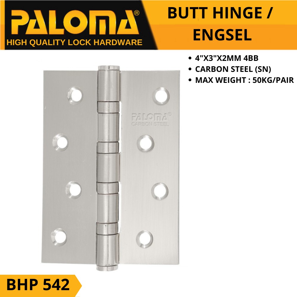 PALOMA BHP 542 BUTT HINGE ENGSEL PINTU CARBON STEEL 4&quot;X3&quot;X2MM 4BB SN