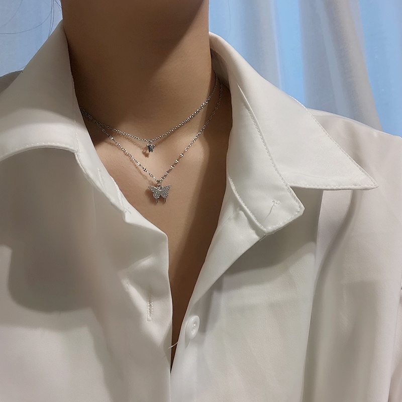 Kalung Rantai Klavikula Model Double Layer Butterfly Untuk Aksesoris