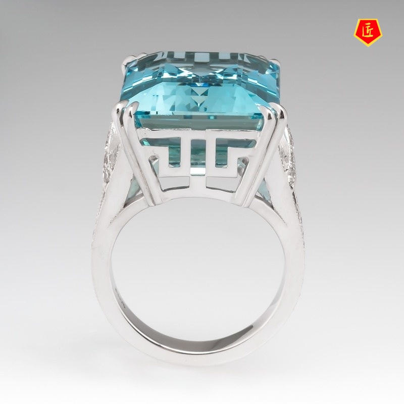 [Ready Stock]Inlaid Sea Blue Topaz Square Diamond Ring Fashion