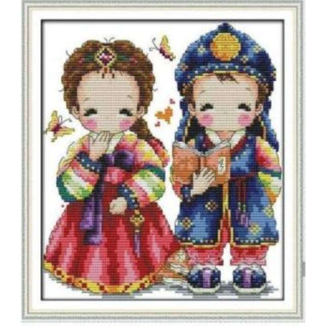 Paket kristik pasangan korea wedding pola kain korean couple kartun anak pelajar korea cross stitch 