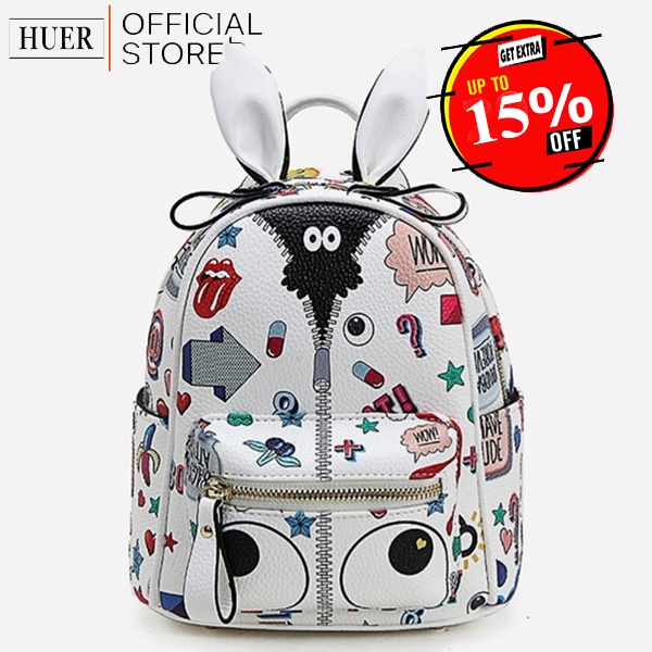 HUER ~ Fichy Eye Theme Printed 3 Ways Backpack 9454-124White