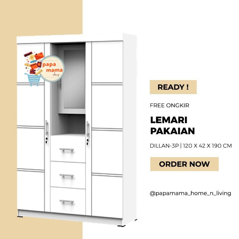 Lemari Pakaian 3pintu Meja Rias - Lemari Pakaian 3 pintu Putih - Lemari Minimalis Dillan - Medan