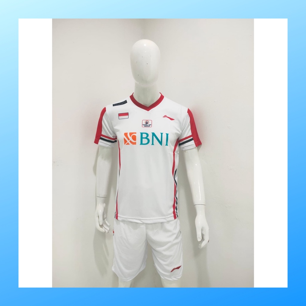 Kaos bulutangkis pria baju badminton dan celana jersey setelan wanita dewasa t-shirt outfit seragam jarsey kostum olahraga pakaian apparel sport jersy bulu tangkis casual jersi sudirman thomas uber cup print suit L159 putih sponsor