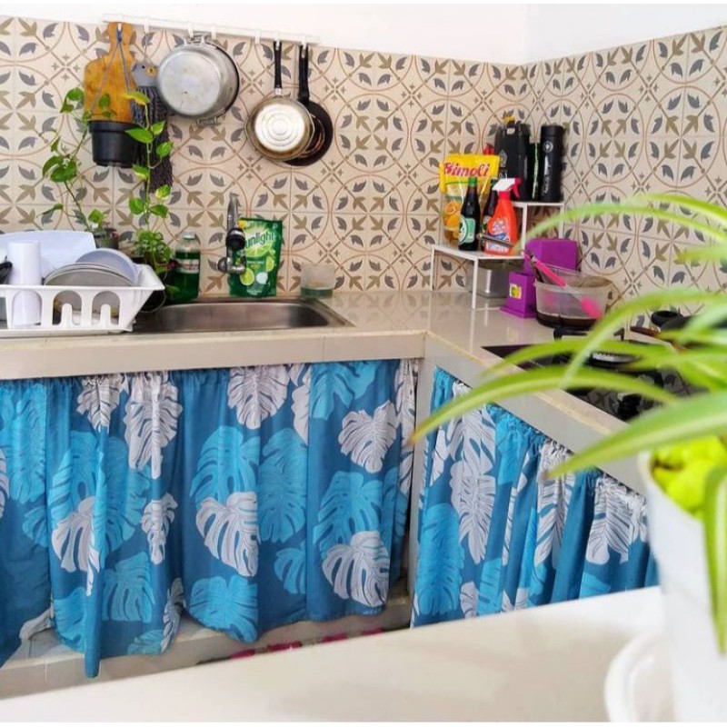 gorden kolong dapur / gorden murah motif monstrea biru