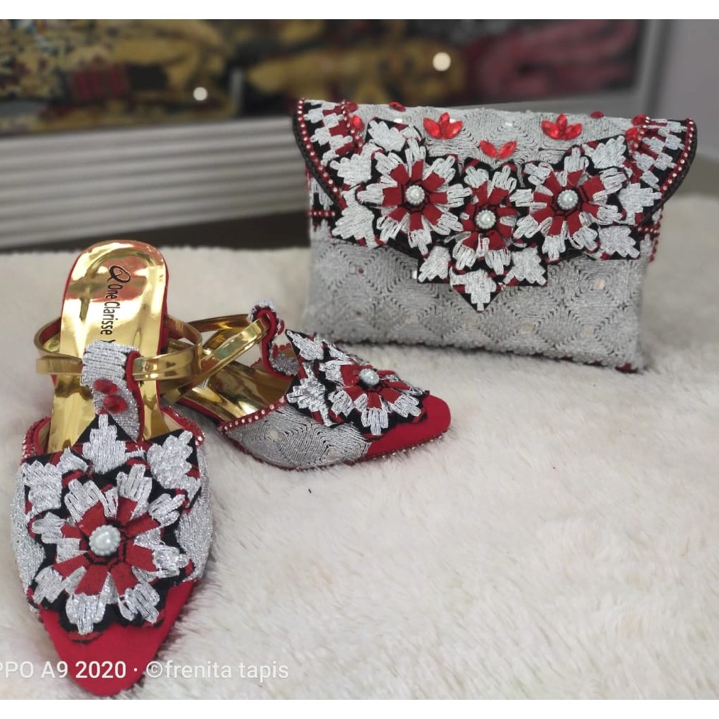 Clutch + Selop Tapis Motif Bunga Silver