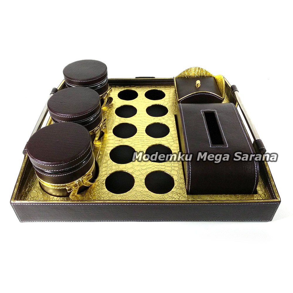 TRAY Set 1 Tisu 1 Box Permen 3 Toples 12 Lubang Aqua - Coklat Emas